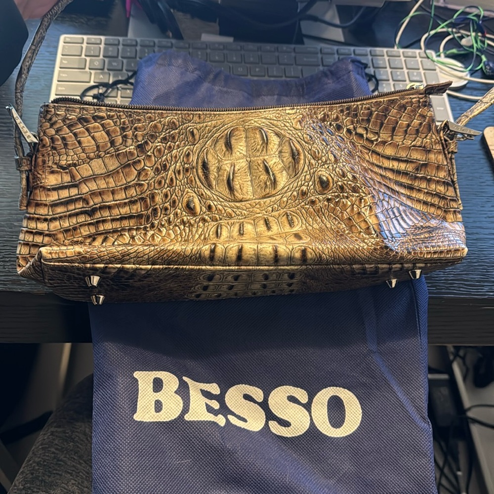 Besso Brown Leather Shoulder Bag Croc Embossed